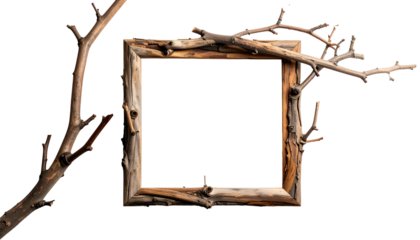 Wooden picture frame crafted from branches, with natural, rustic aesthetic