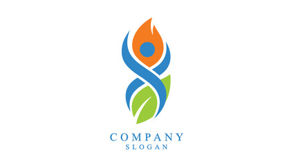 Obraz premium An abstract logo design featuring a vibrant flame shape combined with flowing curves and a leaf accompanied by company branding