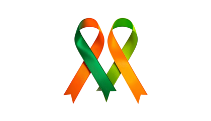 Two interlocked ribbons, one orange-green and one green-orange, against a black backdrop