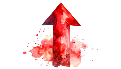 Red upward arrow with watercolor effect, surrounded by splatters, against black background