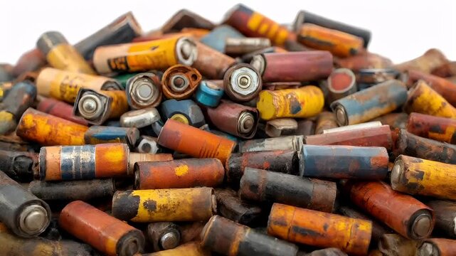 Electronic waste. Environment ecosystem pollution. Recycling. A closeup view of a pile of old, rusty ammunition cans. The cans are of varying sizes and colors.