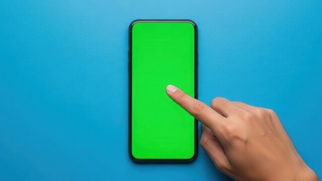 Hand touching smartphone with green screen on blue background - Powered by Adobe