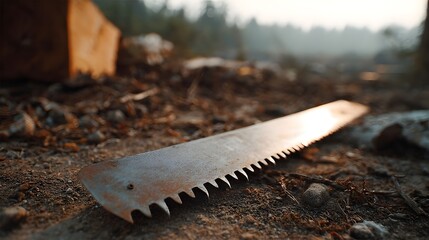 A weathered rusty hand saw rests on the forest floor amidst dry debris with soft morning light and mist in the background