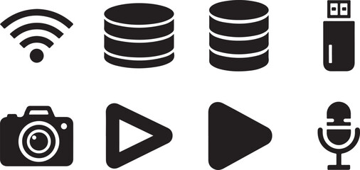 Black and white illustration of various media and technology icons on a white background