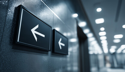 Two dark directional signs featuring white arrows pointing left on a textured wall in a modern, brightly lit interior, providing clear guidance and navigation.