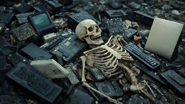 Electronic waste. Environment ecosystem pollution. Recycling. Aerial view of a pile of electronic waste, including a skull, computer keyboard, and other miscellaneous items.
