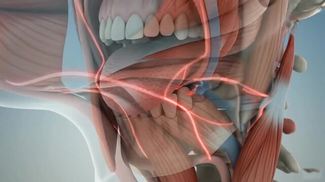 A detailed video illustration of the human mouth and jaw anatomy with nerves and blood vessels.