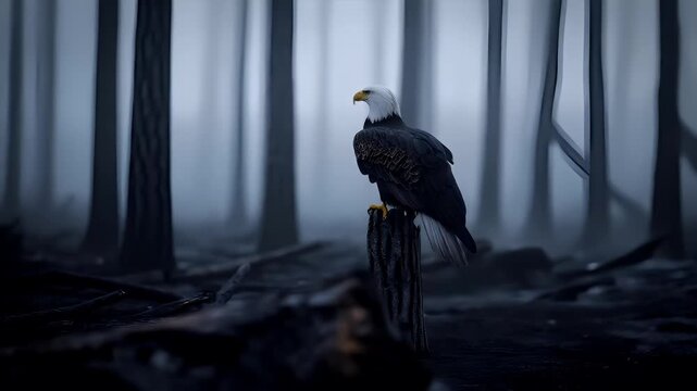 Deforestation. Environment conservation. Ecosystem. A bald eagle stands atop a wooden post amidst a misty forest. The eagles feathers are intricately detailed, with a mix of dark and light shades.