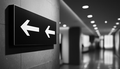 Black and white directional sign with two arrows pointing left in a modern interior hallway, representing choice, guidance, and future decision-making