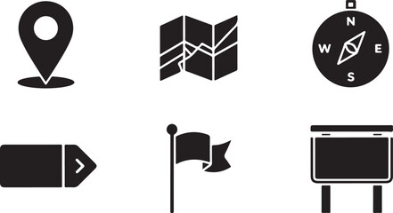 Collection of navigation icons including map markers, compasses, flags, and directional