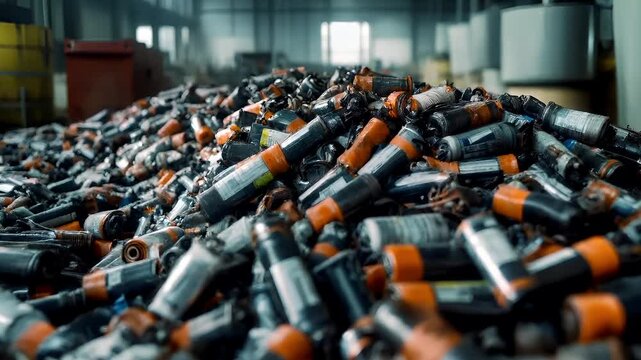 Electronic waste. Environment ecosystem pollution. Recycling. Aerial view of a warehouse filled with a large pile of cylindrical objects, possibly electronic components.