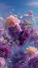 A heart-shaped large bubble with vibrant purple and pink peonies and flowers flotaing in the water with clear blue sky on the background as a symbol of love 