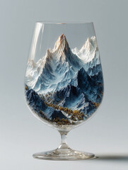 A transparent glass with a detailed snowy mountain landscape of sharp and clear ridges inside 