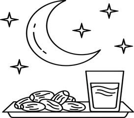 Ramadan iftar illustration with dates and water under crescent moon and stars, Islamic fasting, spirituality and evening meal concept