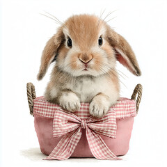 A cute chubby bunny with a big gingham checked pink bow ribbon sitting in a pink basket in pastel colors on white background