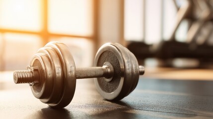 A heavy dumbbell lies on the rubber gym floor, illuminated by warm sunlight coming through spacious windows. The fitness studio is well-equipped and inviting.