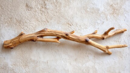 A smooth, naturally shaped piece of driftwood rests against a light-colored textured wall, showcasing its intricate curves and knots. Natural decor adds warmth to the space.