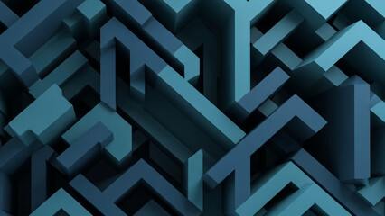 A complex geometric pattern of intersecting blue lines and shapes in a modern abstract design