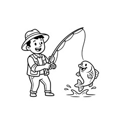 Fototapeta premium cartoon boy character fishing catching fish line icon