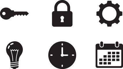 Black and white business icons set including locks, keys, gears, light bulbs, clocks