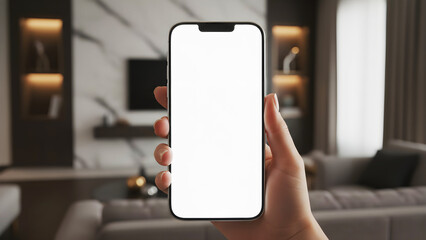 Hand holding mobile phone with blank white screen mockup in modern luxury living room interior background for application presentation website promotion digital technology copy space.
