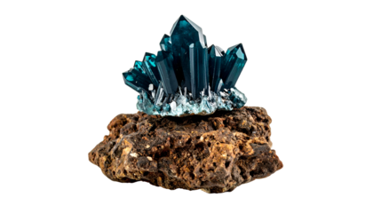 Close-up of vibrant blue crystal cluster on a rough, earthy rock against black background