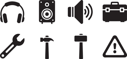 Black icons of construction tools warning signs and audio equipment on white background