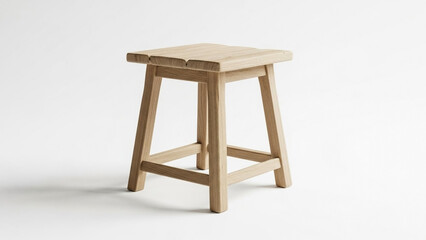 A simple wooden stool with a natural finish stands alone on a white background