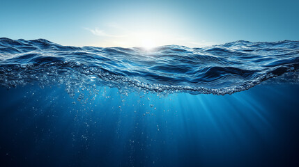 A deep blue ocean with sunlight shining through the water surface, creating ripples and bubbles in the water, scene captures the beauty of the underwater world, emphasizing tranquility and serenity