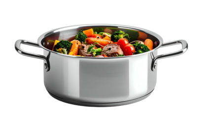 A stainless steel pot filled with cooked vegetables against a black background