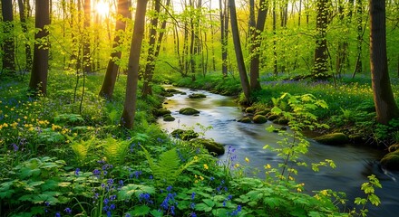 Obraz premium Serene forest stream with lush greenery.