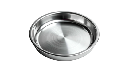 Shiny, round, stainless steel bowl on a black background, showcasing light reflection