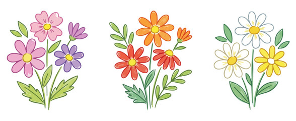 Fototapeta premium Hand-Drawn Colorful Floral Clusters Illustration, floral illustration, hand drawn flowers, colorful flowers, flower doodles, botanical illustration, floral line art, minimalist floral design, 