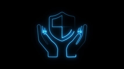 Neon blue hands holding shield with cross protection symbol security concept futuristic glowing lines safety on black