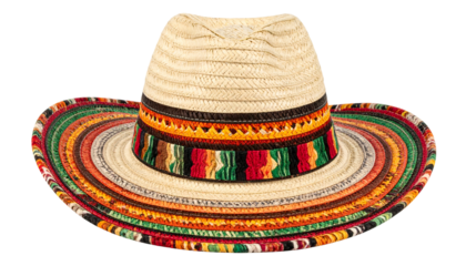 Woven straw hat with wide brim, colorful bands, and central decorative section