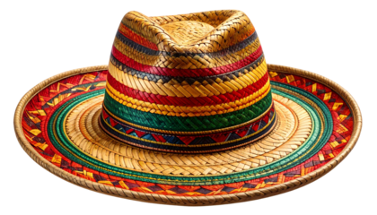 Colorful, woven hat with wide brim, striped band, and geometric designs