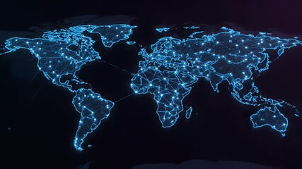 Dynamic visualization of a global digital network with interconnected nodes and lines, representing worldwide data flow, communication, and technological connectivity across continents - Powered by Adobe