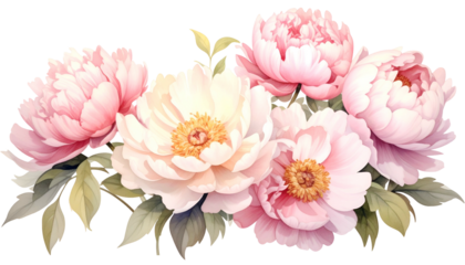 Watercolor bouquet of pink and creamy peonies with green leaves. Delicate floral arrangement