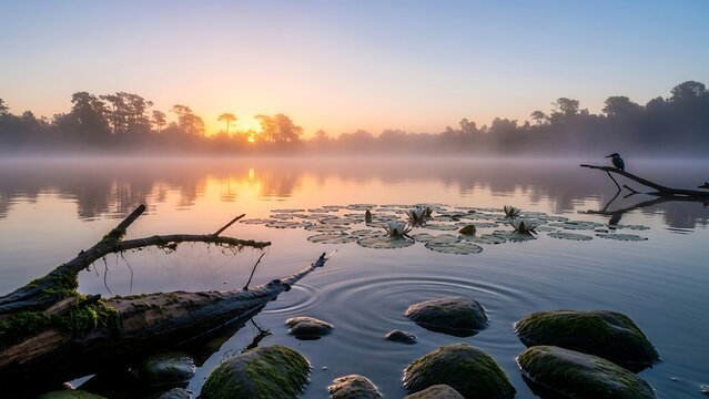 Serene lake at sunrise with fog. - Powered by Adobe