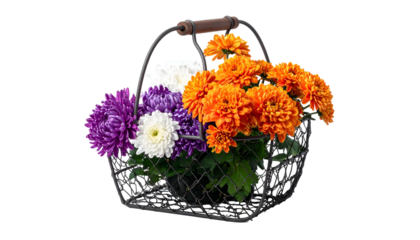 Metal basket filled with vibrant orange, purple, and white chrysanthemums, greenery