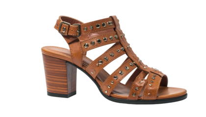 Brown leather heeled sandal with studded accents and buckle closure