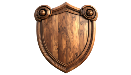 Wooden shield with ornate flourishes on a black background, symmetrical and detailed