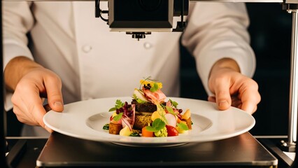 Chef holding a white plate with an elaborate colorful dessert under a food 3D printer, showcasing innovative culinary art and modern gastronomy.