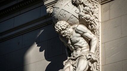 Stone sculpture of a muscular man.