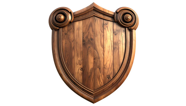 Wooden shield with ornate flourishes on a black background, symmetrical and detailed