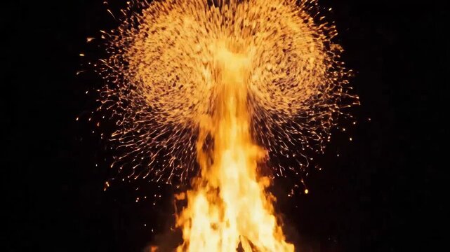 Burning fire with sparks flying upward on a dark night, creating a warm glow.