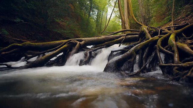 Forest stream with mossy tree roots forming a natural bridge over flowing water