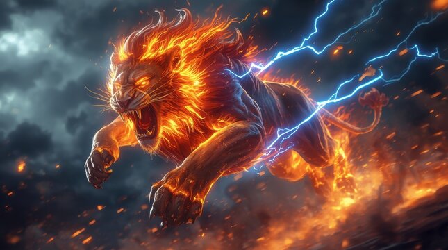 a formidable fiery Lion that attacks and emits lightning