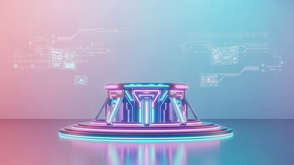 A futuristic neon-lit platform with a sleek design and vibrant colors in a modern technological environment