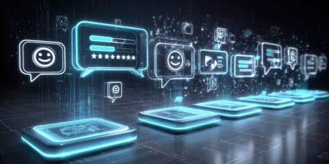 Happy customer experience shown through mobile feedback interface featuring smiley icons five star rating and chat bubbles clean digital design